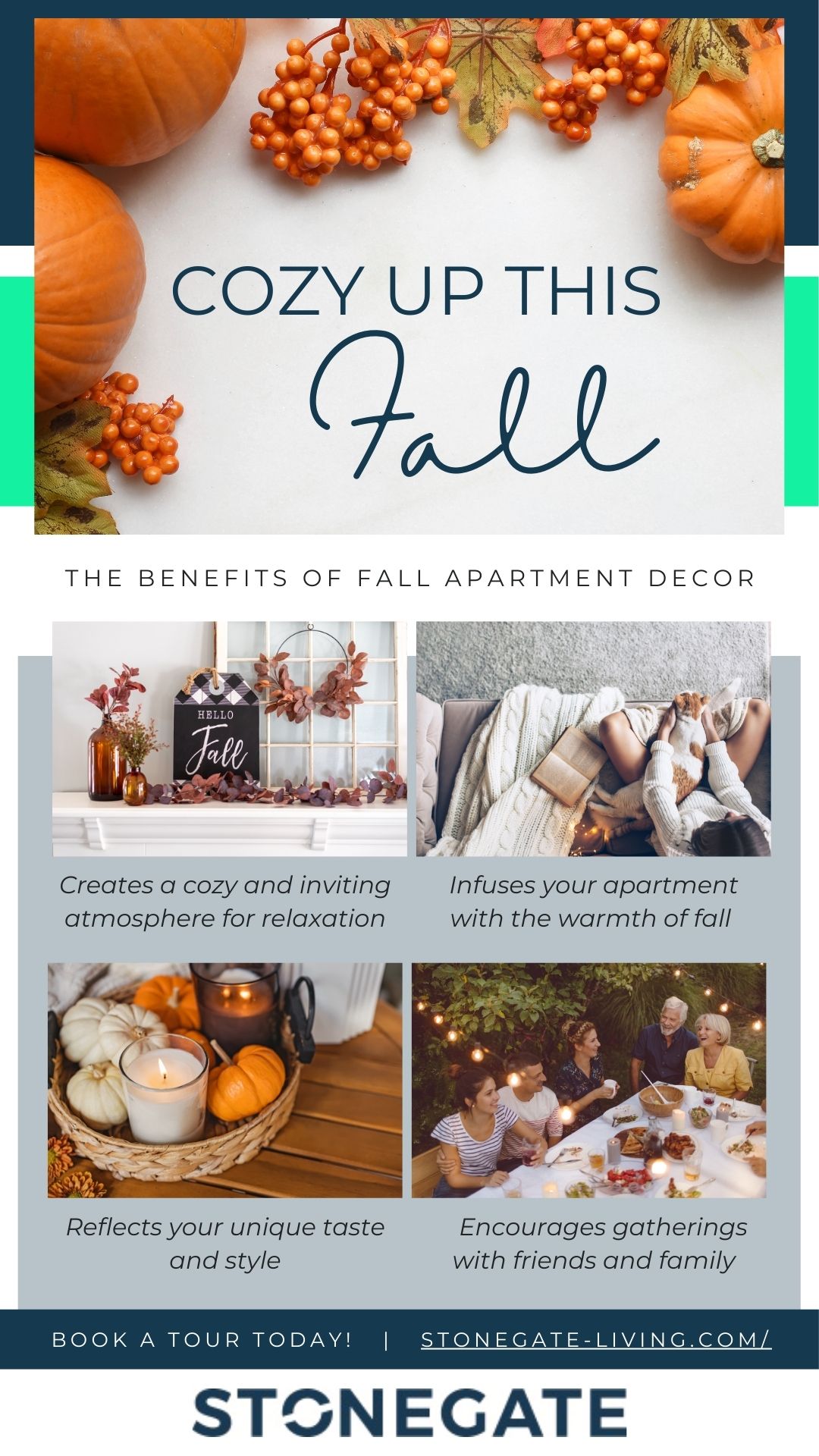 an infographic titled The Benefits of Fall Apartment Decor