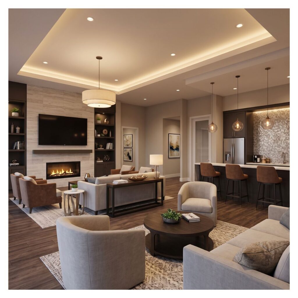 A sophisticated apartment community clubhouse, complete with comfortable seating areas, a fireplace, a large TV, and an inviting bar area with stools.