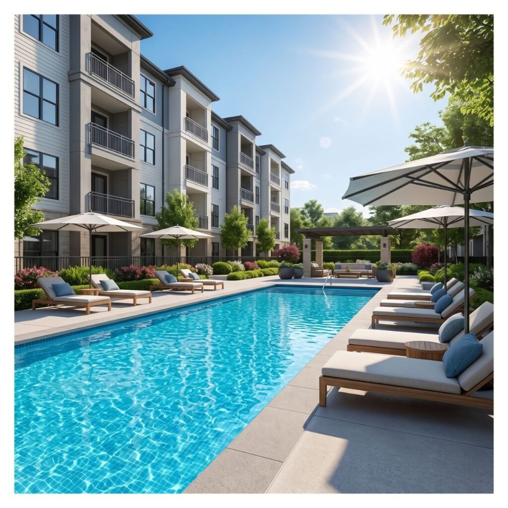 A sparking blue swimming pool at a luxury apartment complex, surrounded by comfortable lounge chairs with cushions, umbrellas, and lush landscaping on a sunny day.
